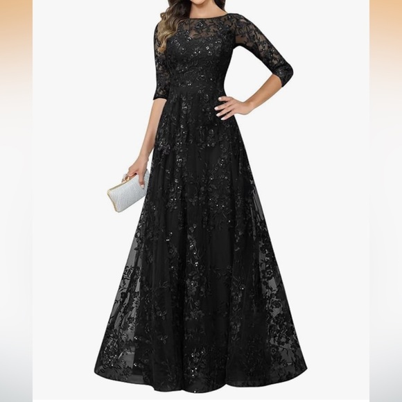 Elegant  Dress - Lace Appliques Whith 3/4 Sleeve Scoop Neck Foraml Evening Dress - Picture 1 of 9